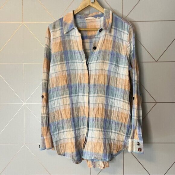 Soft Surroundings Crepe 100% Linen Plaid Button Up Shirt - Picture 2 of 10